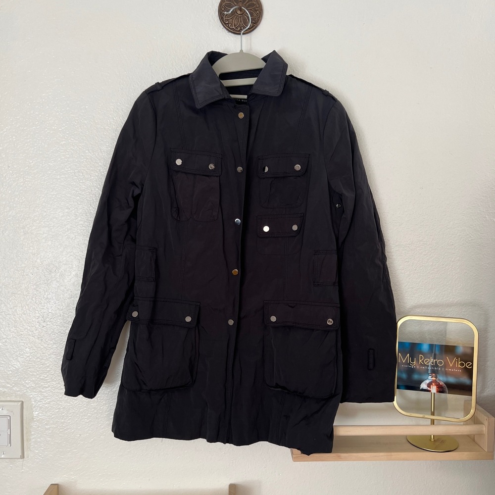 ZARA WOMAN Black Utility‎ Military Jacket Medium M Button Front Pockets